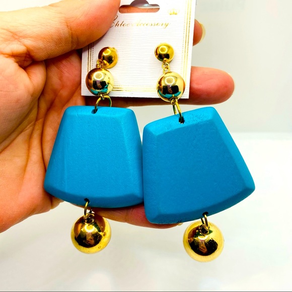 Earrings Square dangles Teal light weight wooden - Picture 2 of 9